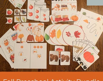 May include: A fall-themed preschool activity bundle with various printable cards and activities. The bundle includes cards with images of pumpkins, leaves, bears, and other fall-related items. There are also cards with numbers and counting activities. The bundle is perfect for preschoolers to learn about fall and practice their counting skills.