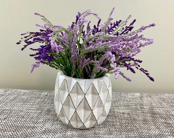 Lavender Spring Floral Arrangement | Flower Arrangement | Summer | White Vase | Diamond Pattern | Purple Flowers | Housewarming Gift