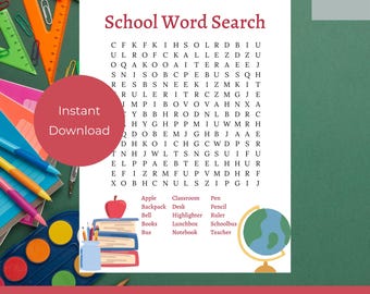 Op de afbeelding: Een printbare woordzoeker met een groene achtergrond over school. De puzzel bevat woorden die te maken hebben met schoolbenodigdheden en klaslokaalvoorwerpen, zoals appel, rugzak, bel, boeken, bus, klaslokaal, bureau, markeerstift, lunchbox, notitieboek, pen, potlood, liniaal, schoolbus en leraar. De puzzel is verkrijgbaar in twee formaten en bevat een oplossing. Direct downloaden.