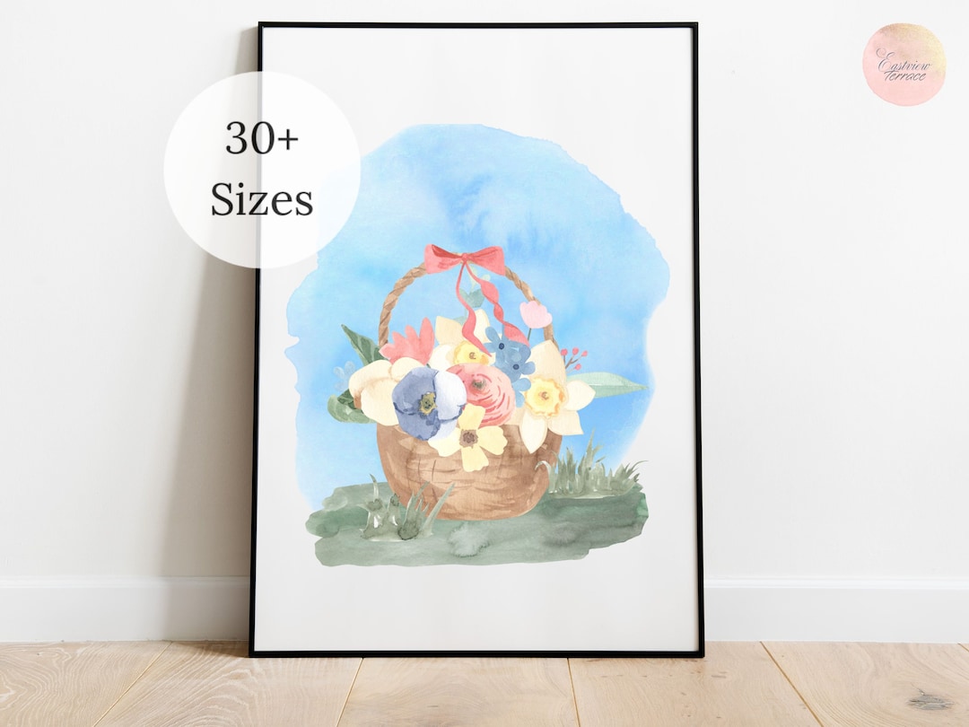 Spring Print, Easter Basket Wall Art, Easter Flower Basket Digital
