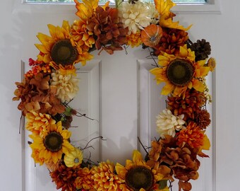 Fall Front Door Wreath, Autumn Decoration, Entryway Wreath, Sunflower Wreath, Summer to Fall Wreath