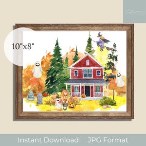 Watercolor Halloween Art Print, Spooky Haunted House with Ghosts and Pumpkins, Instant Download, Haunted House Sign, Rustic Farmhouse Print