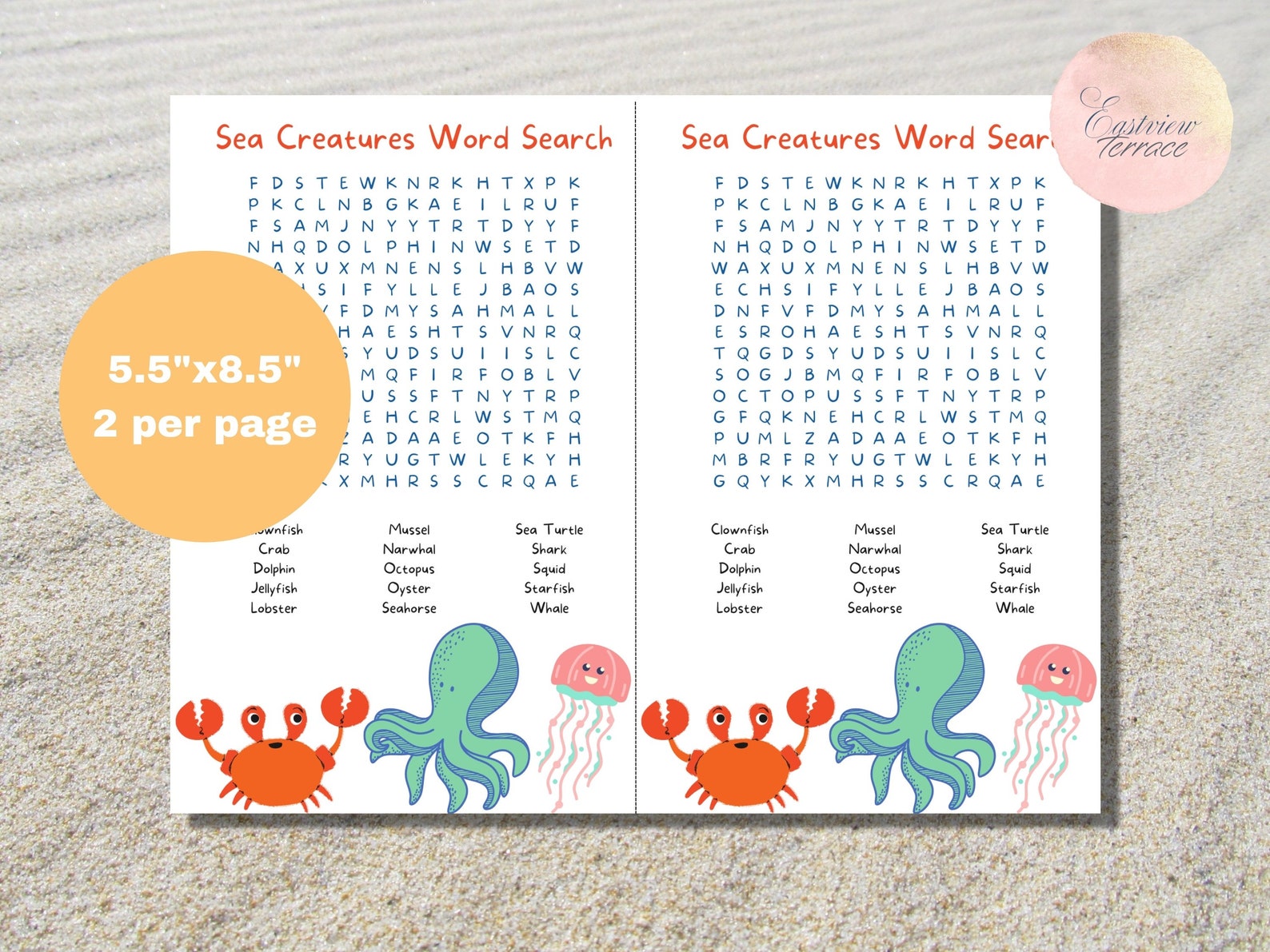 Sea Creatures Word Search Printable Kids Activity Page Party Favor