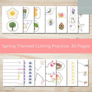 Puede incluir: Hojas de práctica de corte con temática de primavera con ilustraciones coloridas de un sol, árbol, flores, pájaros y otros elementos primaverales. El texto "Spring Themed Cutting Practice- 30 Pages" se muestra en una pancarta rosa. Actividades educativas para niños.
