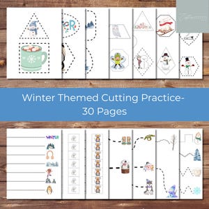 Puede incluir: Páginas de práctica de corte con temática invernal con ilustraciones de muñecos de nieve, chocolate caliente y escenas invernales. Las páginas presentan líneas punteadas para que los niños practiquen sus habilidades de corte. El texto de la imagen dice "Winter Themed Cutting Practice - 30 Pages."