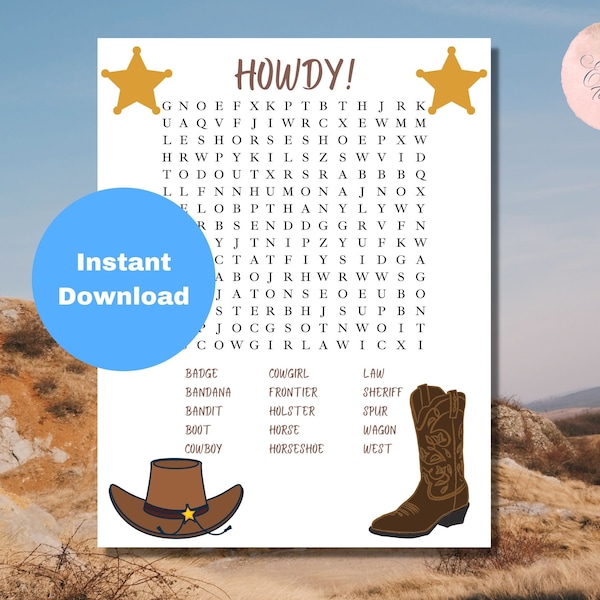 Old West Word Search Activity Page, Printable PDF, Fun Kids Game, Western Themed Activity