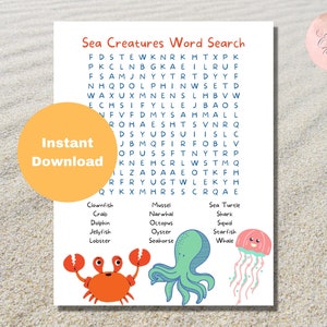 Sea Creatures Word Search Printable, Kids Activity Page, Party Favor, Party Game, Fun Activity for Kids, Ocean Themed Party
