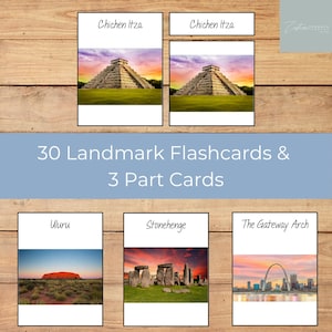 Flashcards de monumentos e pontos turísticos mundiais, cartões Montessori de 3 partes, atividades de geografia para pré-escola, brincadeiras educativas para crianças pequenas, cartões de nomenclatura