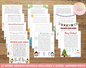 Word Search Bundle, Holiday and Seasonal Word Search Printables, Kids Activity Page, Activity for Kids