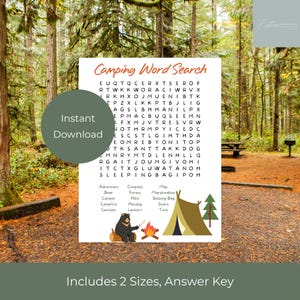 Camping Word Search Printable, Kids Activity Page, Party Favor, Party Game, Fun Activity for Kids