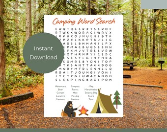 Peut inclure: Un mot croisé sur le thème du camping à imprimer avec une liste de mots liés au camping, notamment « aventure », « ours », « campeur », « feu de camp », « cantinière », « boussole », « forêt », « randonnée », « hot-dog », « lanterne », « carte », « guimauve », « sac de couchage », « étoiles » et « tente ». Le puzzle est illustré par un dessin animé d'un ours assis près d'un feu de camp avec une tente en arrière-plan.