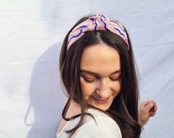 Knotted Headband Pink and Blue Handmade Screen Printed Squiggle