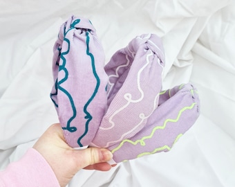 Lilac Corduroy Knot headband Teal Lemon Pearl Star squiggle patterned Handmade Screen Printed
