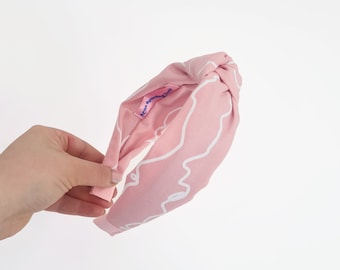 Pink and White Squiggle Patterned Handmade Screen Printed Knotted Headband
