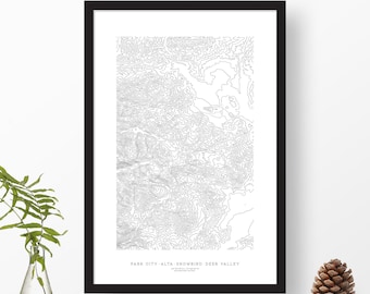 Park City, Alta, Snowbird, Deer Valley, Utah | Topographic Print, Map Art, Ski Map | Home or Office Decor, Gift for Mountain Lover or Skier