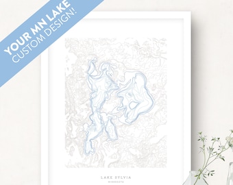 Your Minnesota Lake Topographic Map Contour Print Poster, Blue Gray White Art Print, Perfect for Cabin or Lake Home Wall Decoration
