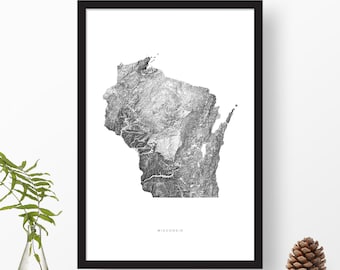 Wisconsin State Map Art | Topographic Shaded Relief Print Poster | Home or Office Decor, Housewarming Gift