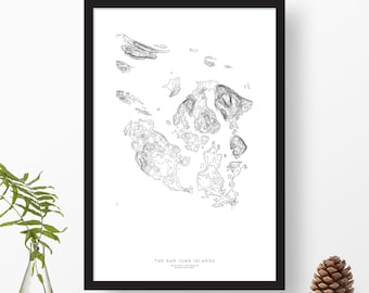 The San Juan Islands, Washington | Topographic Print, Contour Map, Map Art | Home or Office Decor, Gift for Pacific Northwest ocean lover