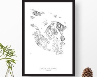 The San Juan Islands, Washington | Topographic Print, Contour Map, Map Art | Home or Office Decor, Gift for Pacific Northwest ocean lover