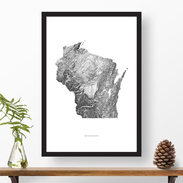 Wisconsin State Map Art | Topographic Shaded Relief Print Poster | Home or Office Decor, Housewarming Gift