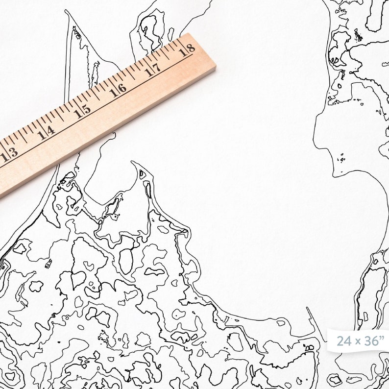 May include: A black and white line art map of a coastal area with a wooden ruler measuring 18 inches. The map is labeled "24 x 36" in the bottom right corner.