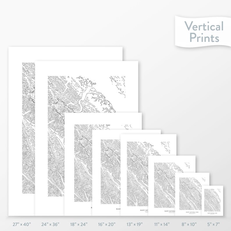 May include: A selection of vertical prints displaying detailed black and white topographical maps. Sizes vary from 13 cm x 18 cm to 69 cm x 102 cm. The prints feature intricate line work, with the text "Vertical Prints" in the upper right corner.