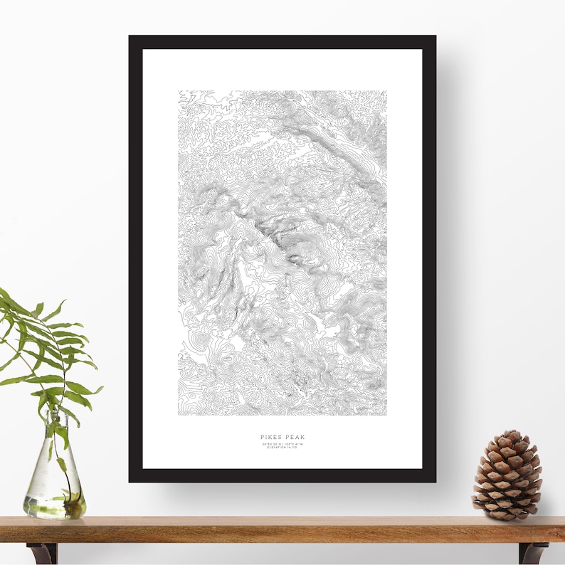 Pikes Peak, Colorado Topographic Print, Contour Map, Map Art Home or Office Decor, Gift for Wilderness Lover, Camper, or Hiker image 1