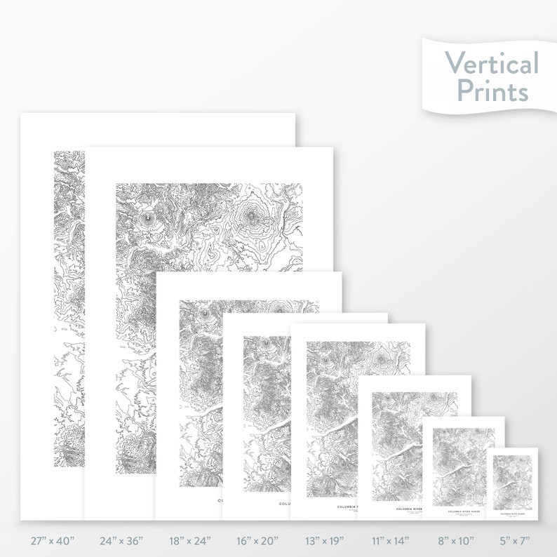 May include: A set of eight different sized prints of a topographic map. The prints are arranged in a row from largest to smallest, with the largest print measuring 27 inches by 40 inches and the smallest print measuring 5 inches by 7 inches. The prints are all white with black lines.