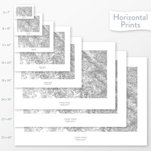 K&ouml;nnte beinhalten: Ein Satz von acht verschiedenen Gr&ouml;&szlig;en von Drucken einer topografischen Karte des Pikes Peak in Colorado. Die Drucke sind in einer horizontalen Anordnung dargestellt, wobei der kleinste Druck oben und der gr&ouml;&szlig;te Druck unten ist. Die Drucke sind alle wei&szlig; mit schwarzen Linien.
