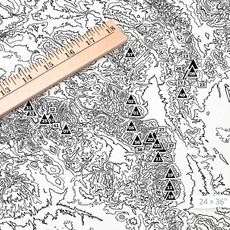 Colorado Fourteeners 14ers Summit Tracker, Topographic Print, Map Art Home or Office Decor, Gift for Hiker, Mountain Lover, Peakbagger image 4