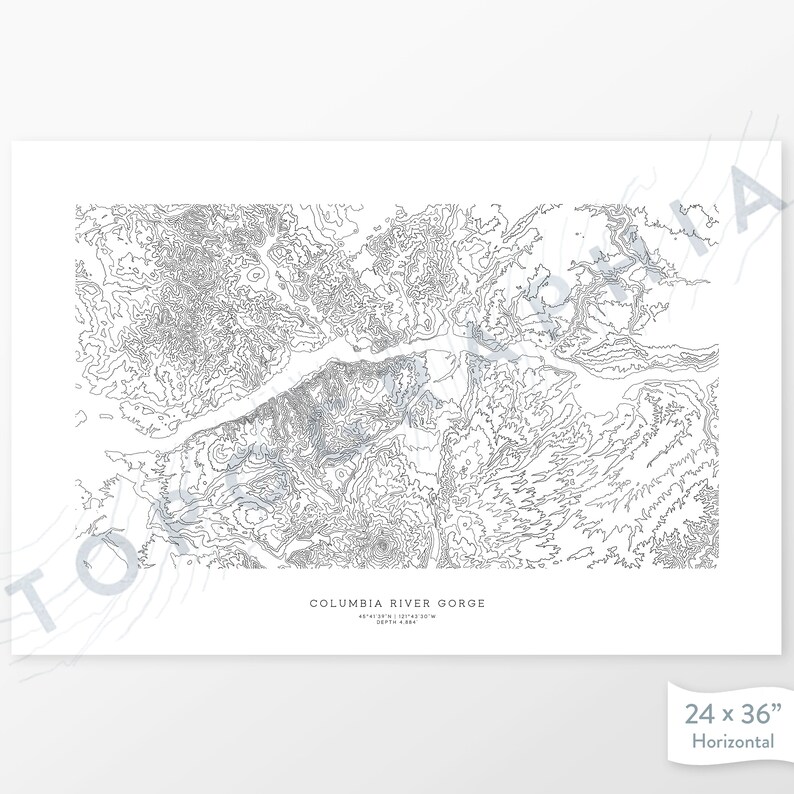 May include: A black and white topographic map print of the Columbia River Gorge. The map shows the elevation contours of the area. The print is 24 inches by 36 inches and is horizontal.