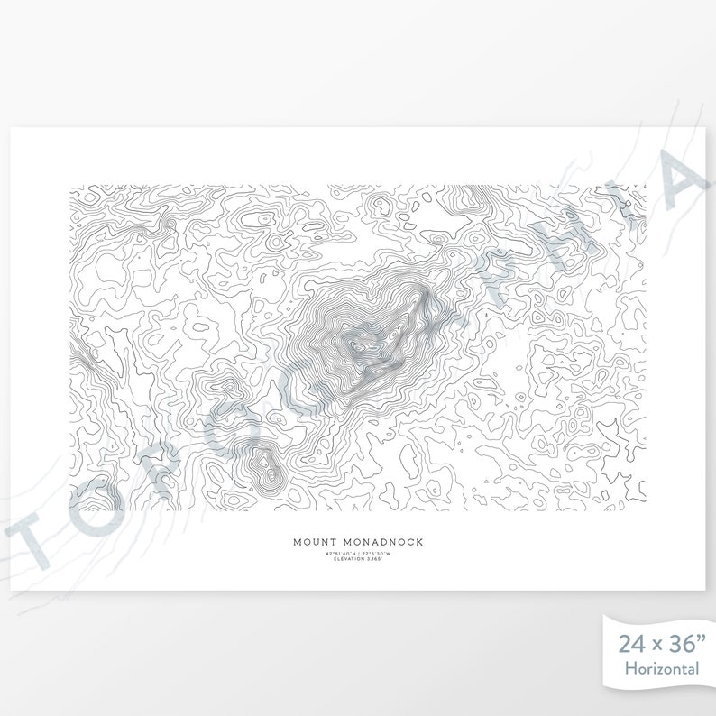 May include: A black and white topographic map print of Mount Monadnock, a mountain in New Hampshire. The print is 24 inches by 36 inches and is horizontal.