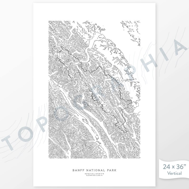 May include: A vertical print of Banff National Park, featuring a detailed topographic map in black lines on a white background. The print measures 61 x 91 cm. Text at the bottom reads "Banff National Park" with coordinates and elevation.