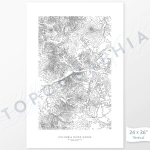 May include: A black and white topographic map of the Columbia River Gorge, showing the elevation contours of the area. The map is 24 inches by 36 inches and is oriented vertically. The text "COLUMBIA RIVER GORGE" is printed at the bottom of the map, along with the coordinates 45&deg;41'28.1" N 121&deg;43'30.9" W and the depth 4,481 ft.