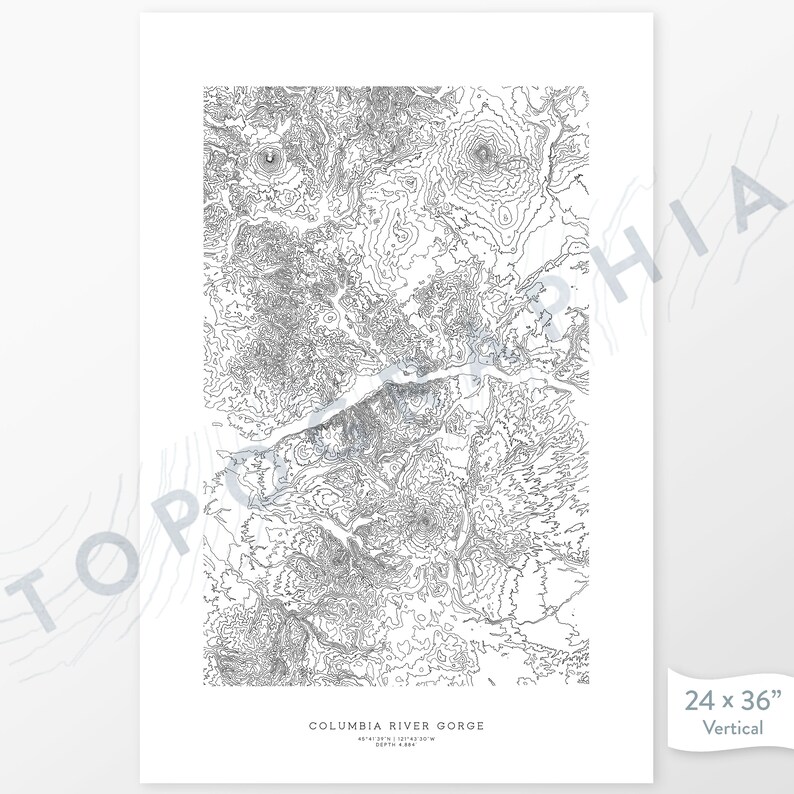 May include: A black and white topographic map of the Columbia River Gorge, showing the elevation contours of the area. The map is 24 inches by 36 inches and is oriented vertically. The text "COLUMBIA RIVER GORGE" is printed at the bottom of the map, along with the coordinates 45&deg;41'28.1" N 121&deg;43'30.9" W and the depth 4,481 ft.