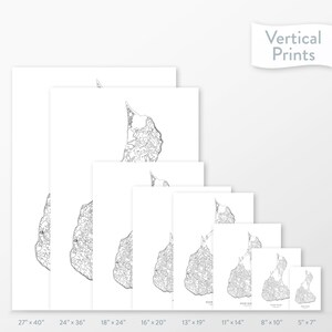 May include: A set of eight different sized prints of Block Island, Rhode Island. The prints are all black and white and show the outline of the island with roads and other features. The prints are arranged in a row from largest to smallest, with the largest print being 27 inches by 40 inches and the smallest print being 5 inches by 7 inches.