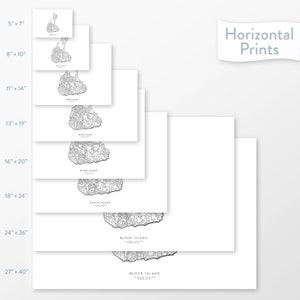 May include: A set of eight different sizes of printable art prints featuring a black and white line drawing of Block Island, Rhode Island. The sizes range from 5 inches by 7 inches to 27 inches by 40 inches. The text "Horizontal Prints" is displayed in the upper right corner of the image.