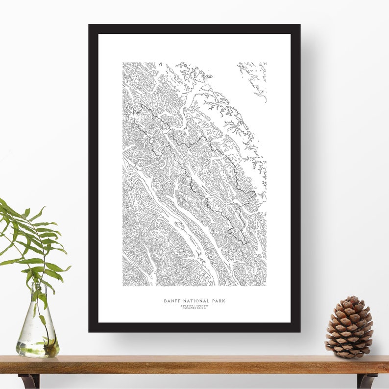 May include: Black framed print of Banff National Park, with a detailed black and white topographic map. The print includes the park's name and elevation details. A fern in a glass vase and a pinecone are on the wooden shelf.