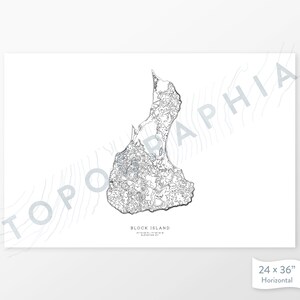 May include: A black and white line art map of Block Island, Rhode Island. The map shows the island's coastline, roads, and other features. The text "BLOCK ISLAND" is printed below the map, along with the coordinates and elevation. The text "24 x 36" is printed in the bottom right corner, indicating the size of the print in inches.