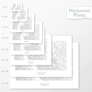 May include: A set of eight different sized prints of a topographic map of Jackson Hole, Wyoming. The prints are available in sizes ranging from 5 inches by 7 inches to 27 inches by 40 inches. The prints are all black and white and feature a detailed topographic map of the area.