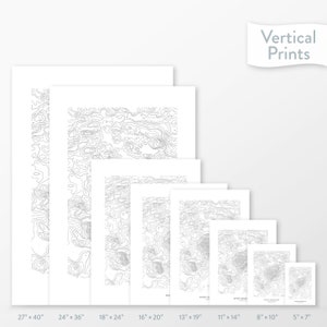May include: A set of eight different sized prints of a topographic map. The prints are arranged in a row from largest to smallest, with the largest print measuring 27 inches by 40 inches and the smallest print measuring 5 inches by 7 inches.