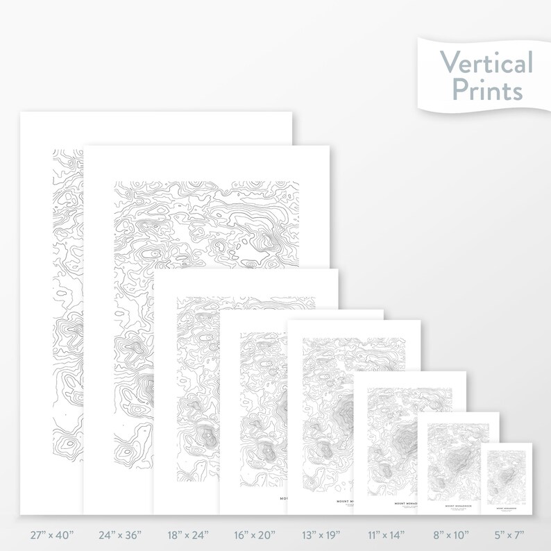 May include: A set of eight different sized prints of a topographic map. The prints are arranged in a row from largest to smallest, with the largest print measuring 27 inches by 40 inches and the smallest print measuring 5 inches by 7 inches.
