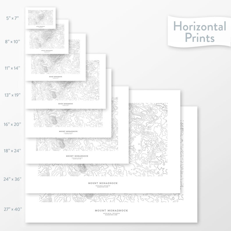 May include: A set of eight different sized prints of a topographic map of Mount Monadnock, New Hampshire. The prints are available in sizes ranging from 5 inches by 7 inches to 27 inches by 40 inches.