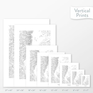 May include: A comparison of eight different sizes of vertical prints, ranging from 27 inches by 40 inches to 5 inches by 7 inches. The prints are all black and white and feature a detailed line drawing of a landscape.