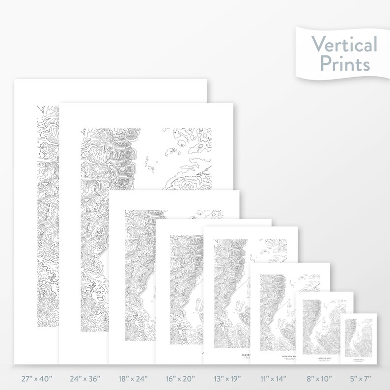 May include: A comparison of eight different sizes of vertical prints, ranging from 27 inches by 40 inches to 5 inches by 7 inches. The prints are all black and white and feature a detailed line drawing of a landscape.