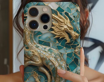 Dragon mosaic Stained Glass Effect Phone Case, pink, gold purple printed case for iPhone and Samsung, phone gifts for dragon lovers