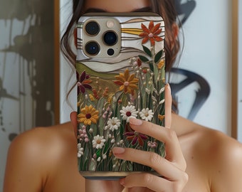 Fall wild flower faux 3D embroidered phone case, floral stain glass mosaic cellphone case for apple iphone and samsung galaxy