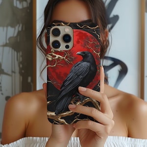 ゴシック レイヴン フォンケース、iPhone と Samsung 用ダーク アカデミア フォンケース、黒赤ハロウィン魔女デザイン