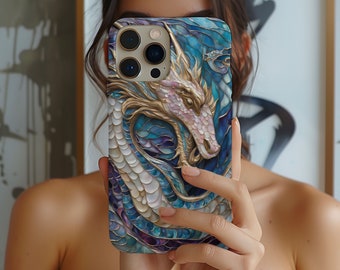 Dragon mosaic Stained Glass Effect Phone Case, gold and teal printed case for iPhone and Samsung, phone gifts for dragon lovers