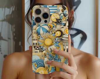 Greece Summer collage phone case, yellow and blue Santorini Phone case for iPhone and Samsung